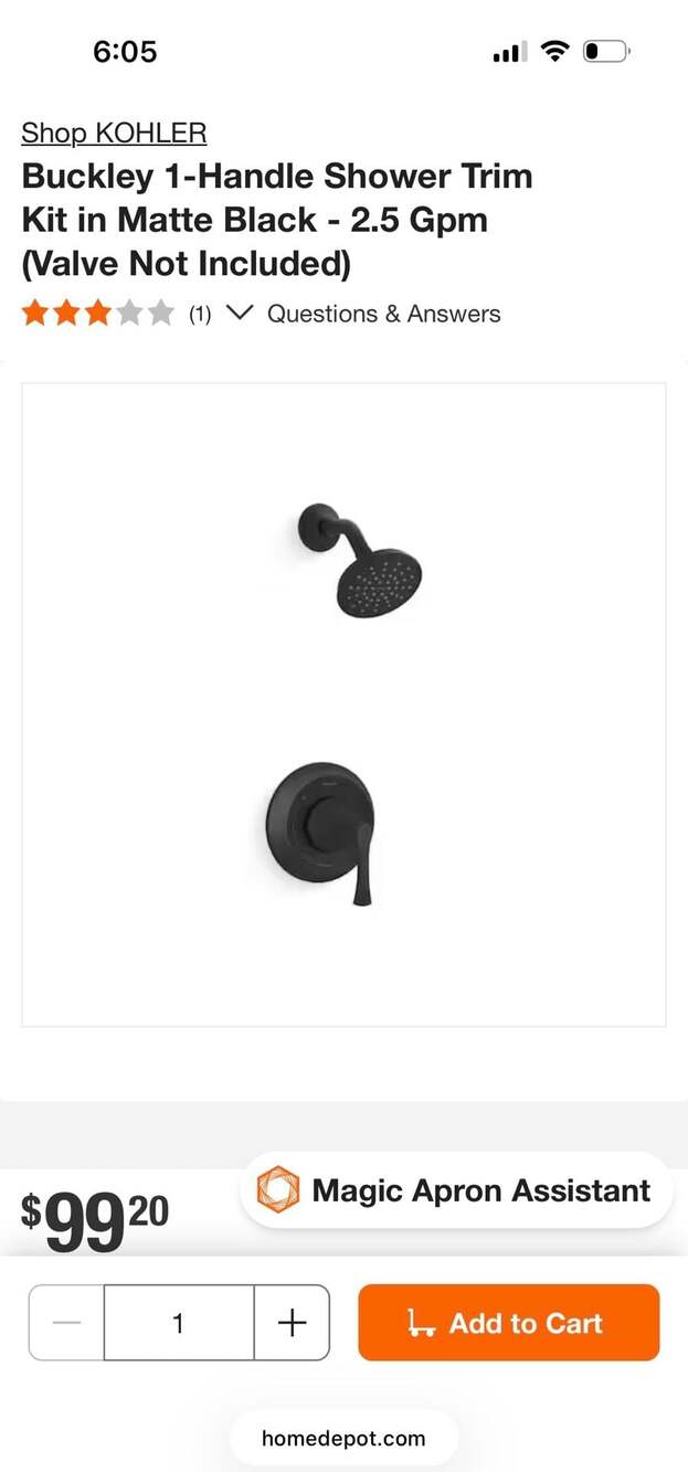KOHLER Buckley 1-Handle Shower Trim Kit in Matte Black, 2.5 GPM